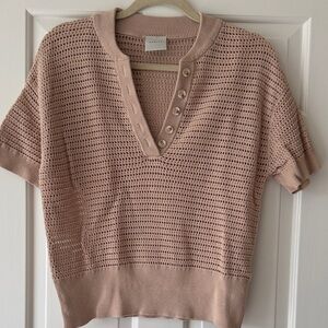 Varley Blush Pink Open-Knit V-Neck Button Pullover